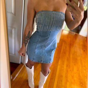 12th Tribe Mini Jean Dress with Rhinestone Fringe